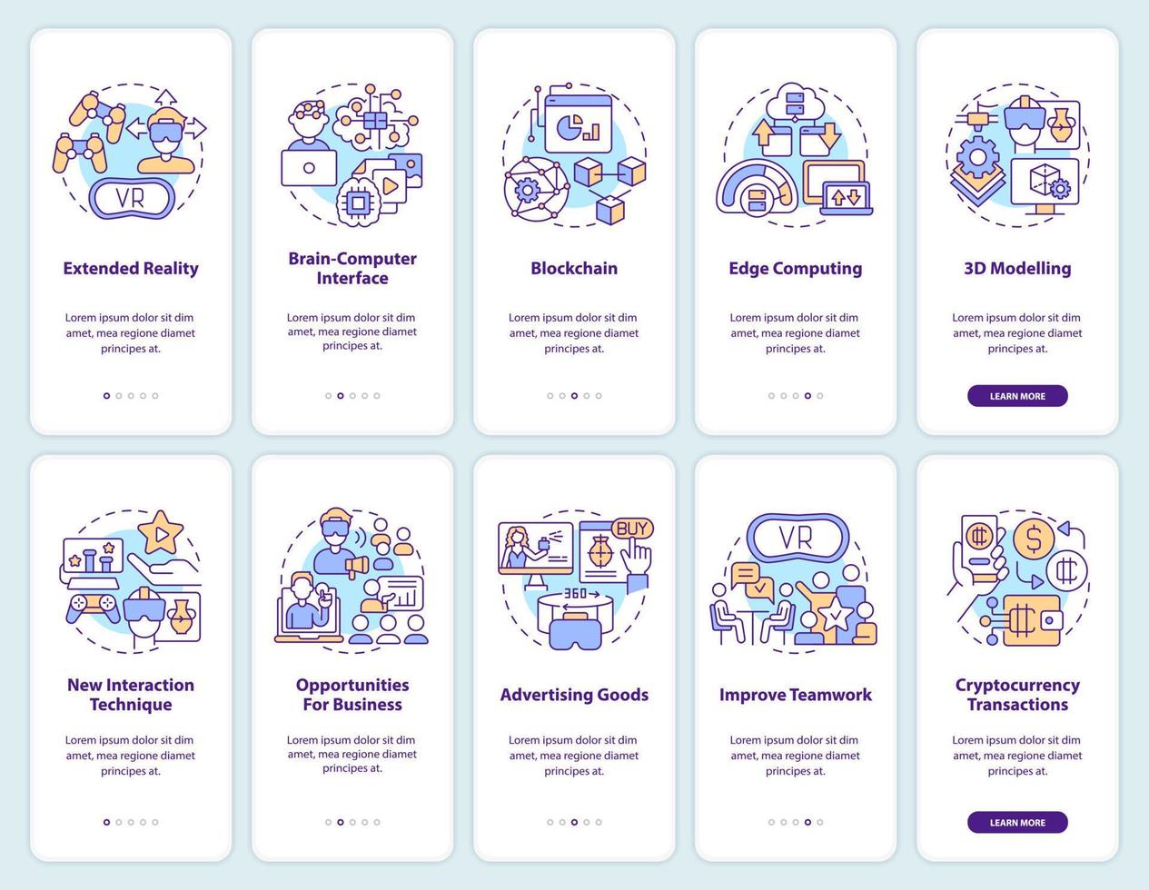 Metaverse technology for business onboarding mobile app screens set. Walkthrough 5 steps editable graphic instructions with linear concepts. UI, UX, GUI template vector