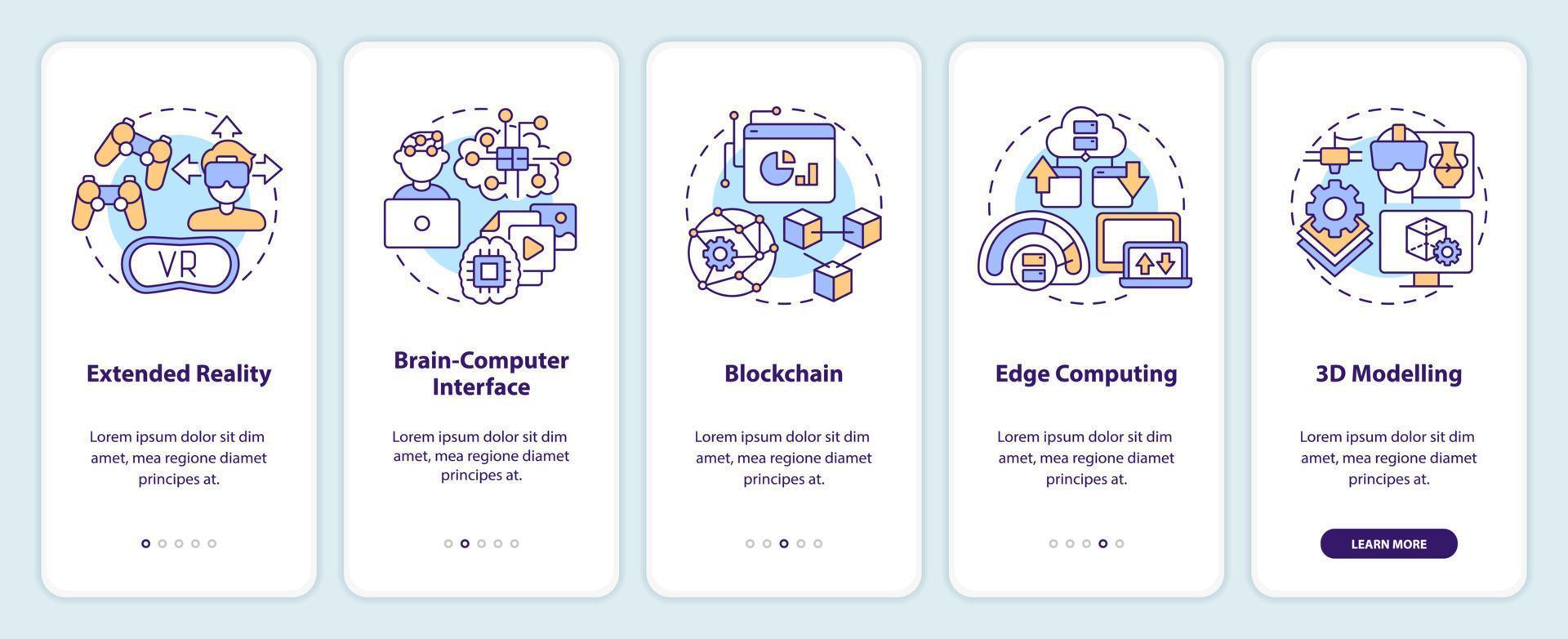 metaverso tecnologías inducción móvil aplicación pantalla. innovación recorrido 5 5 pasos editable gráfico instrucciones con lineal conceptos. ui, ux, gui modelo vector