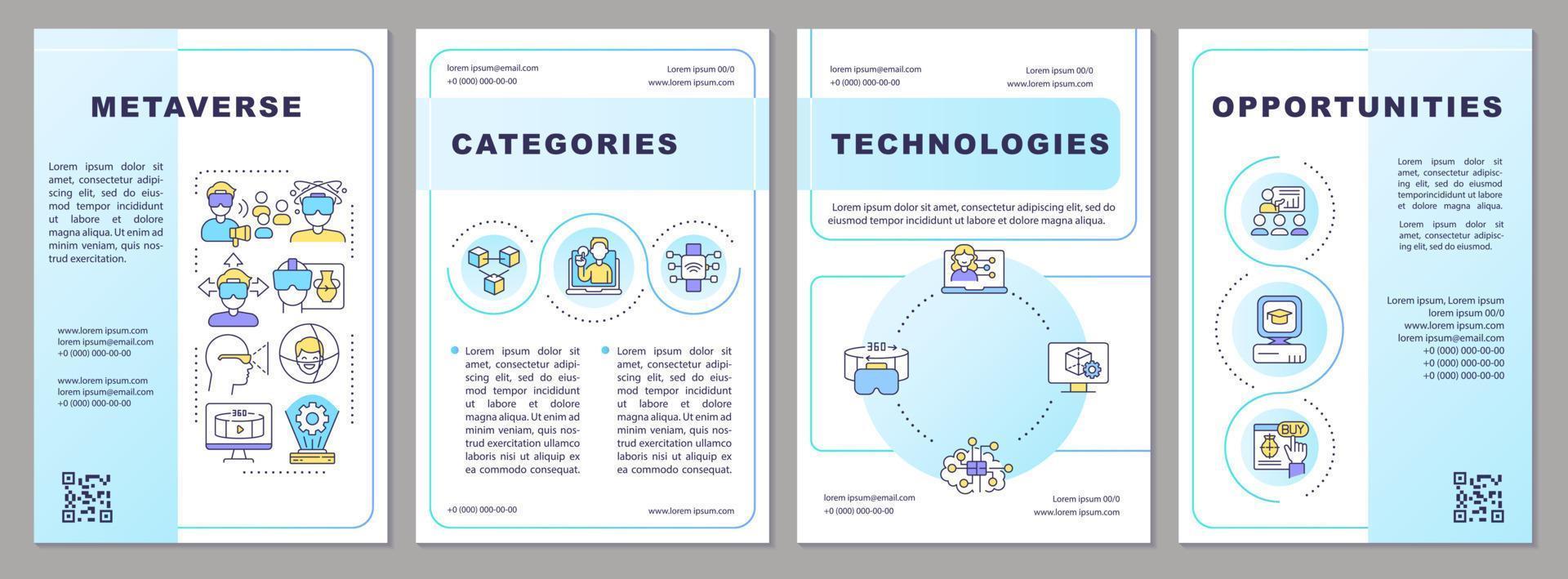 Metaverse blue gradient brochure template. Virtual reality. Leaflet design with linear icons. 4 vector layouts for presentation, annual reports