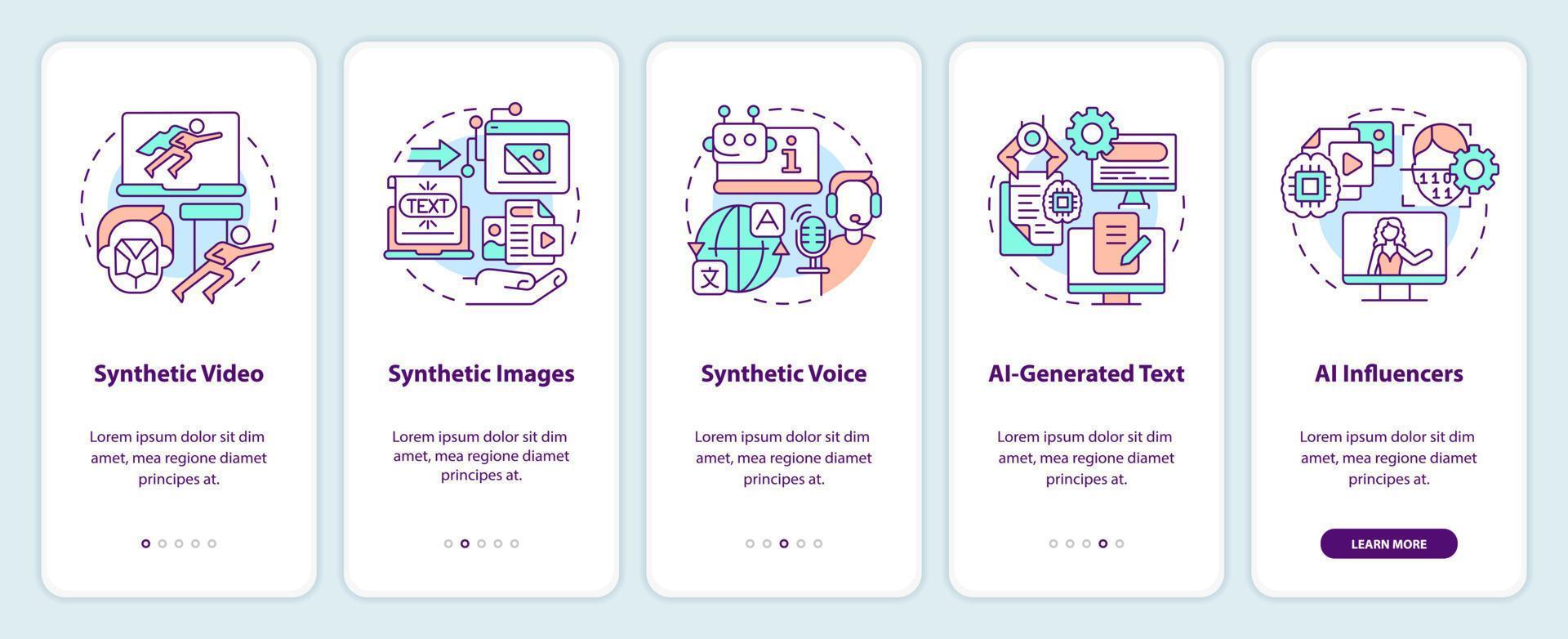 Synthetic media types onboarding mobile app screen. VR walkthrough 5 steps editable graphic instructions with linear concepts. UI, UX, GUI template vector