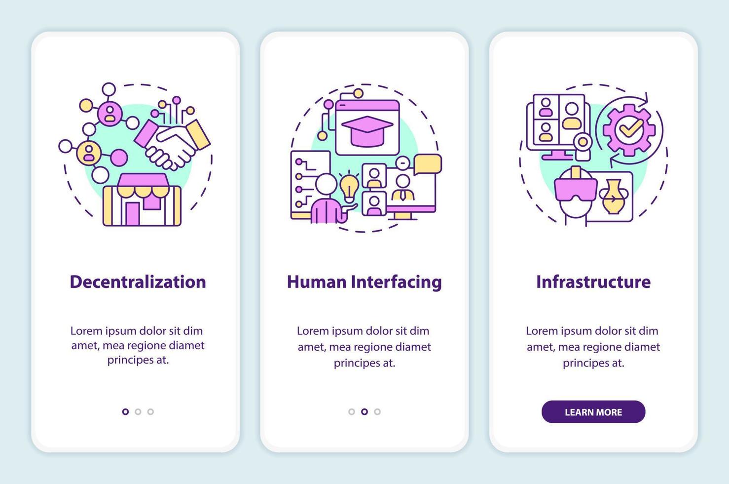 Layers of metaverse onboarding mobile app screen. Cyberspace walkthrough 3 steps editable graphic instructions with linear concepts. UI, UX, GUI template vector