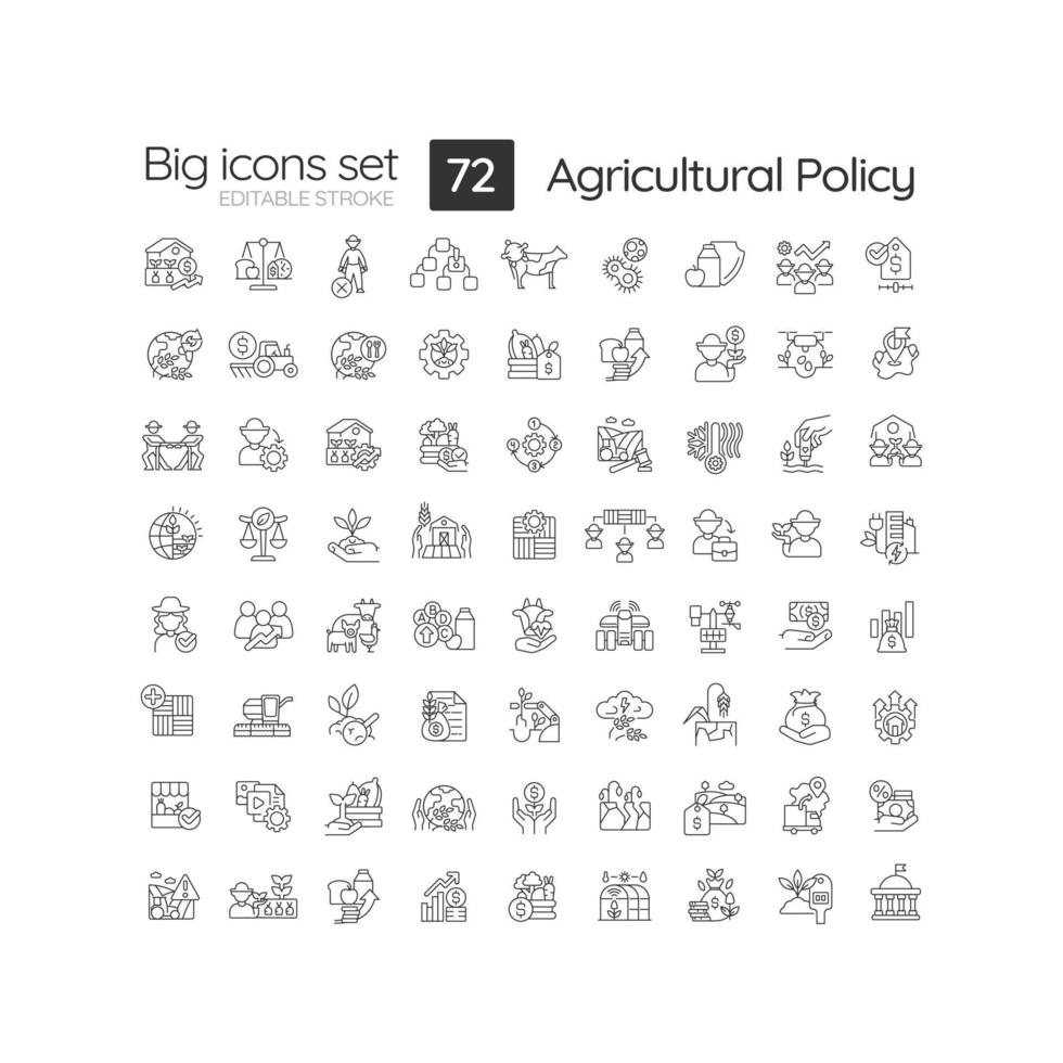 Agriculture policy linear icons set. Agribusiness regulation laws. Farmers supporting programs. Customizable thin line symbols. Isolated vector outline illustrations. Editable stroke