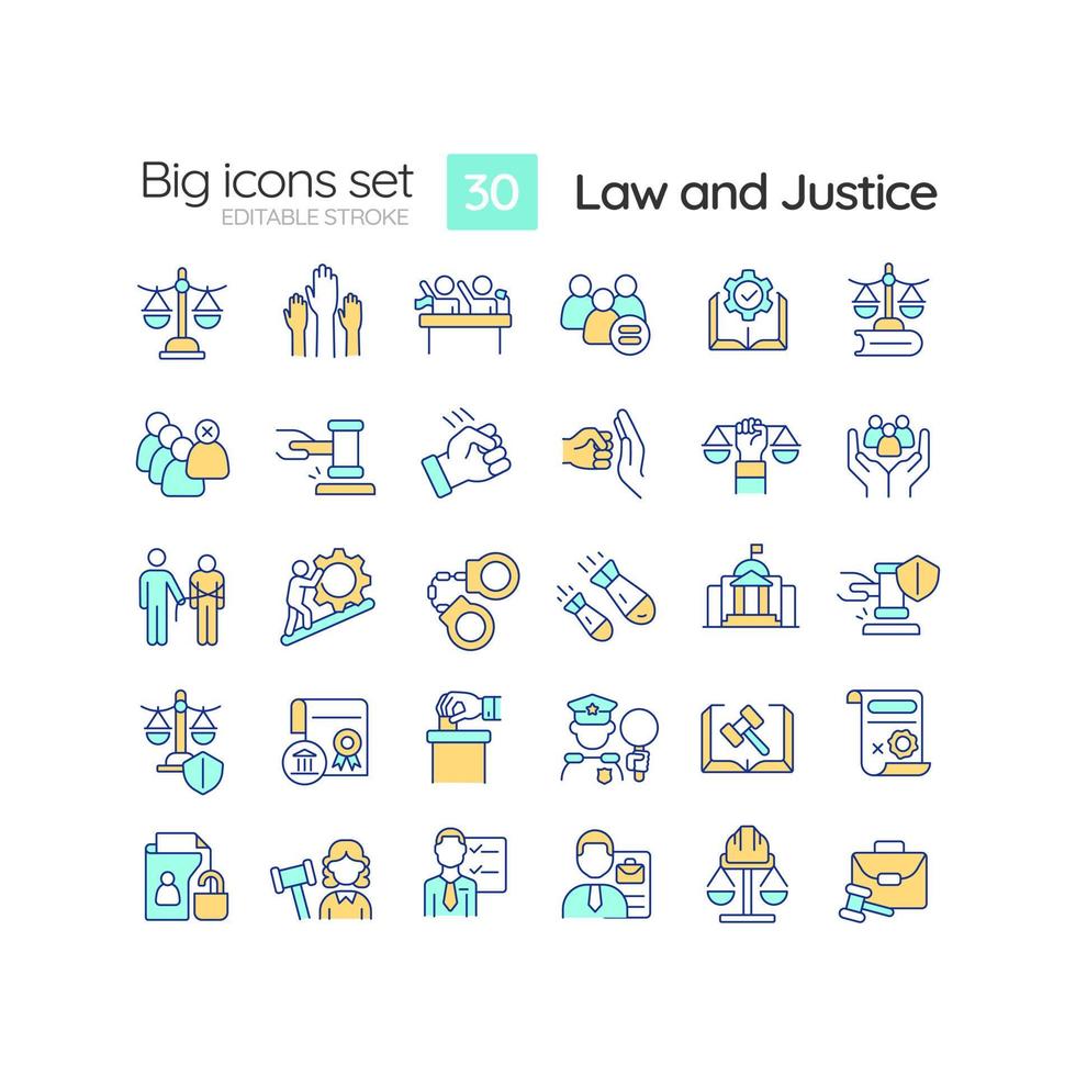 Law and justice RGB color icons set. Human rights protection. Federal regulations and rules. Judgement. Isolated vector illustrations. Simple filled line drawings collection. Editable stroke