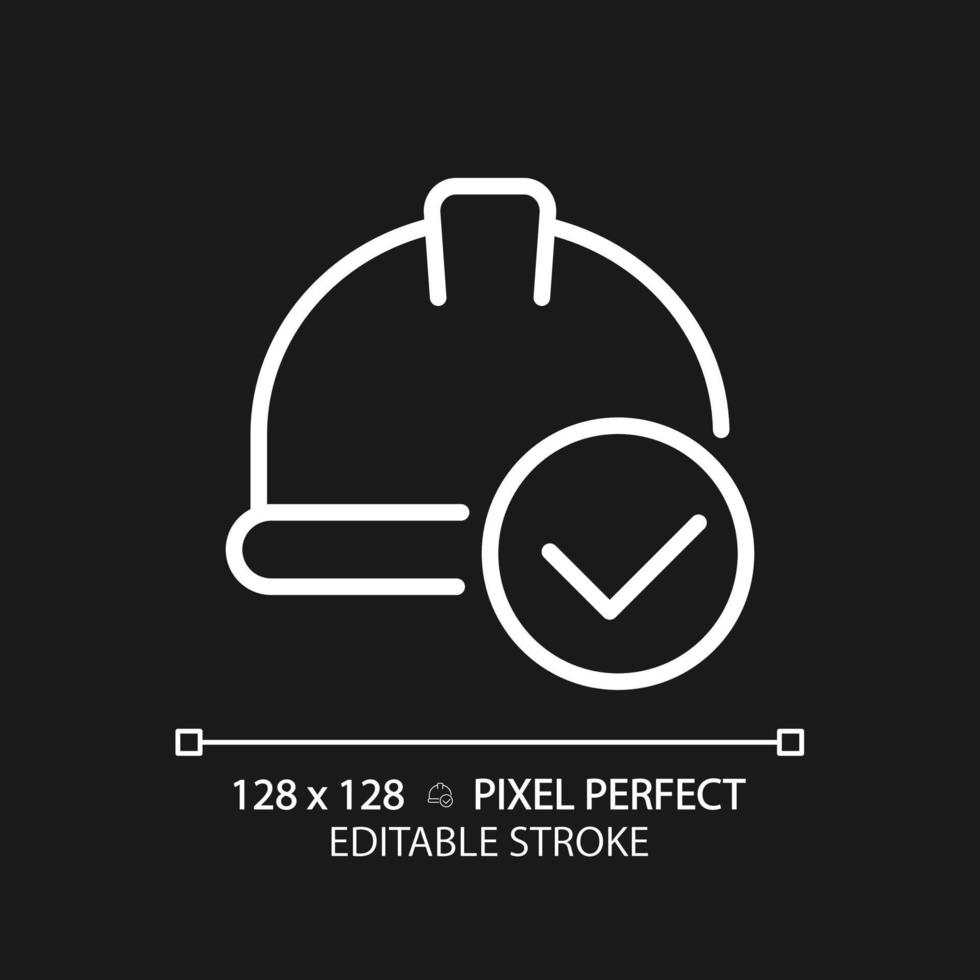 Hard hat with check mark pixel perfect white linear icon for dark theme. Safety equipment for construction site. Thin line illustration. Isolated symbol for night mode. Editable stroke vector