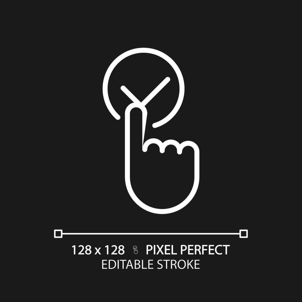 Click accept button pixel perfect white linear icon for dark theme. Press key with checkmark. Making choice online. Thin line illustration. Isolated symbol for night mode. Editable stroke vector