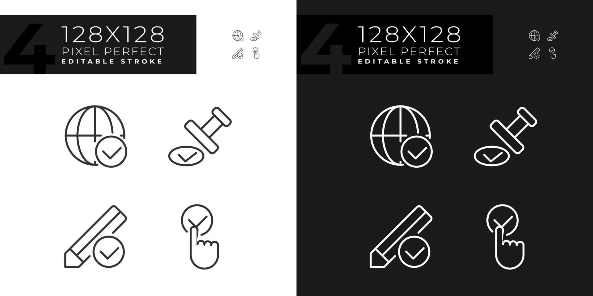 Checkmarks for data approvement pixel perfect linear icons set for dark, light mode. International communication work. Thin line symbols for night, day theme. Isolated illustrations. Editable stroke vector