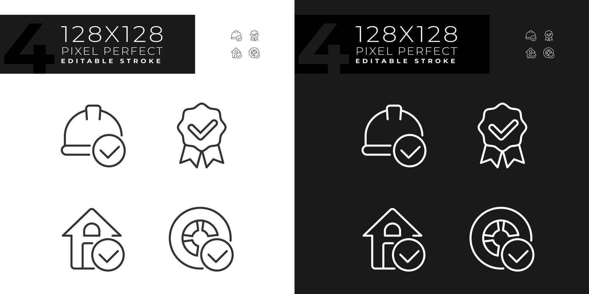 Achievements in industries pixel perfect linear icons set for dark, light mode. Check marks safe labour. Thin line symbols for night, day theme. Isolated illustrations. Editable stroke vector