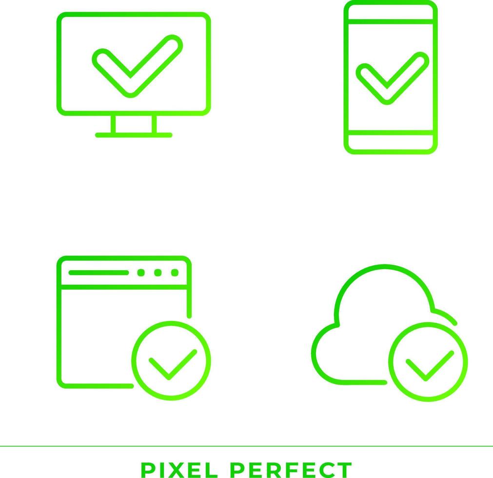 marcas de verificación en digital tecnologías píxel Perfecto degradado lineal vector íconos colocar. aprobado acceso a dispositivos. Delgado línea contorno símbolo diseños manojo. aislado contorno ilustraciones colección