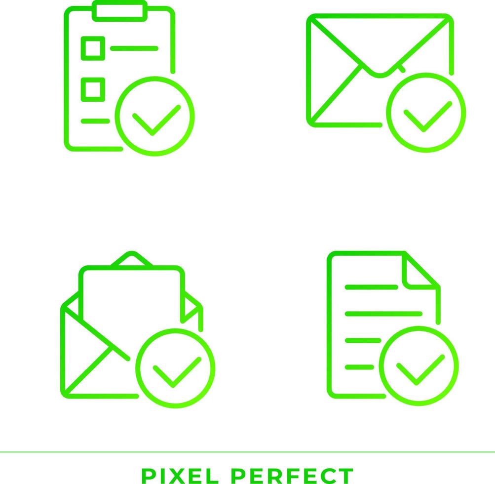 Documents with checkmarks pixel perfect gradient linear vector icons set. Approvement of business papers. Thin line contour symbol designs bundle. Isolated outline illustrations collection