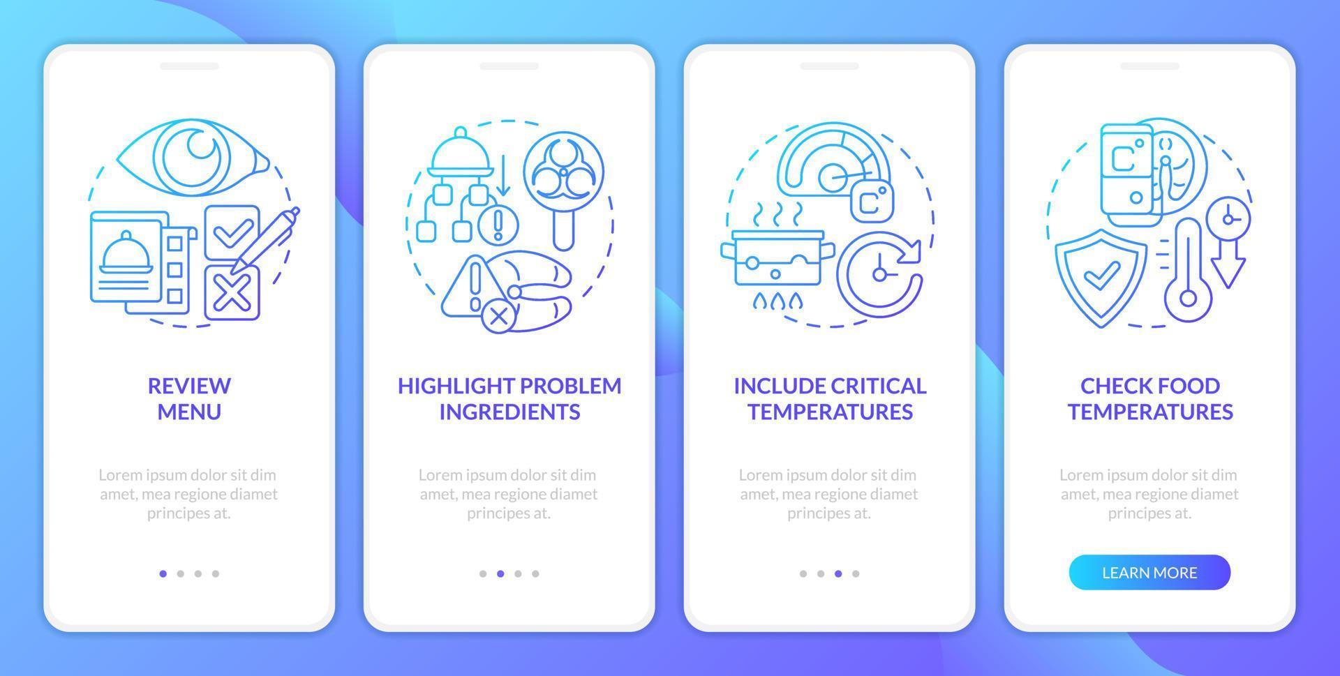 haccp en práctica azul degradado inducción móvil aplicación pantalla. riesgo análisis recorrido 4 4 pasos gráfico instrucciones con lineal conceptos. ui, ux, gui modelo vector