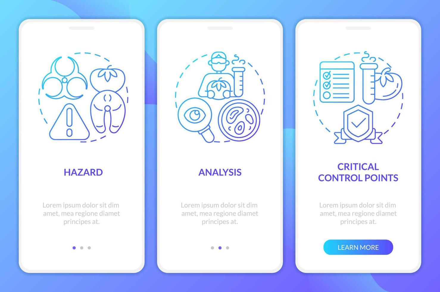 HACCP elements blue gradient onboarding mobile app screen. Food safety walkthrough 3 steps graphic instructions with linear concepts. UI, UX, GUI template vector