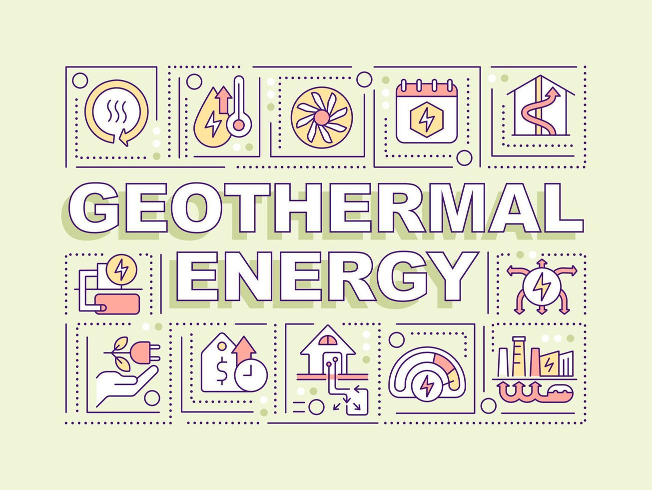 Geothermal energy word concepts light green banner. Sustainable power. Infographics with editable icons on color background. Isolated typography. Vector illustration with text