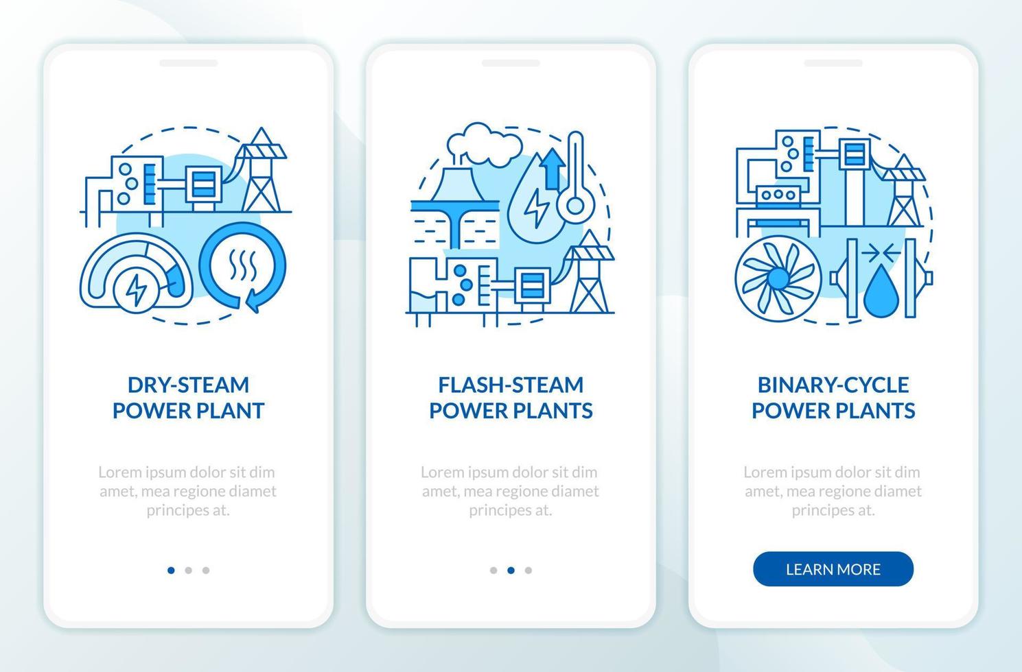 Geothermal power plants blue onboarding mobile app screen. Walkthrough 3 steps editable graphic instructions with linear concepts. UI, UX, GUI template vector