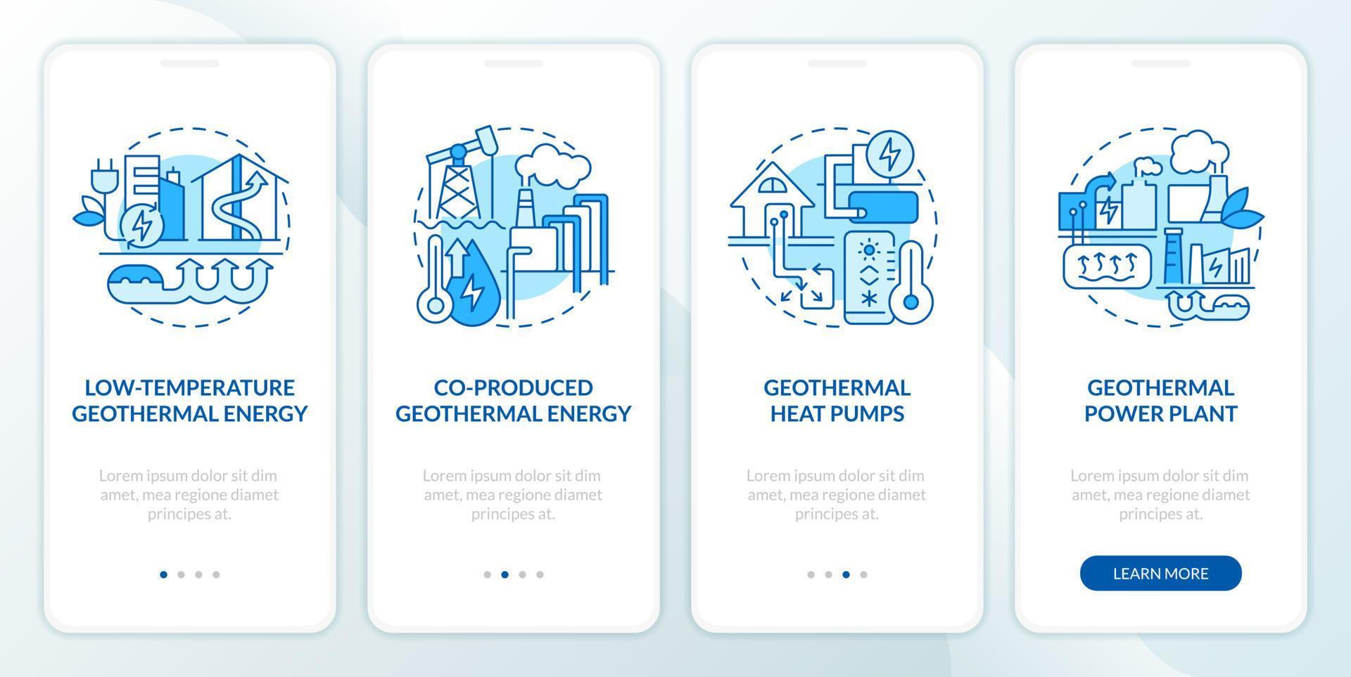 Types of geothermal energy blue onboarding mobile app screen. Walkthrough 5 steps editable graphic instructions with linear concepts. UI, UX, GUI template vector