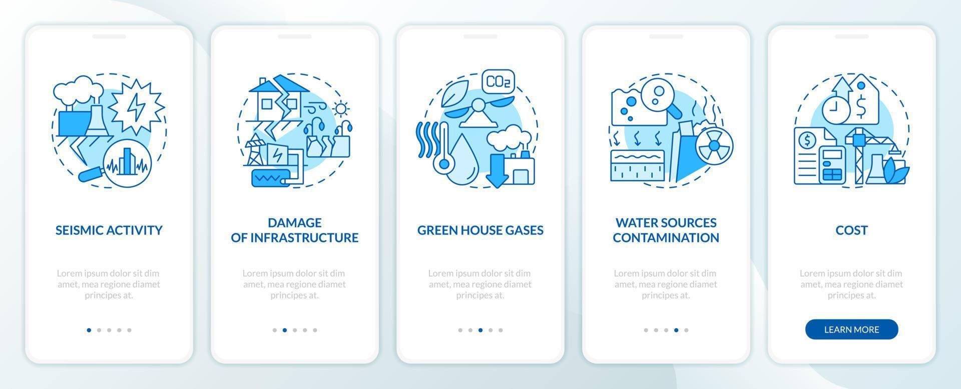 Geothermal energy disadvantages blue onboarding mobile app screen. Walkthrough 5 steps editable graphic instructions with linear concepts. UI, UX, GUI template vector