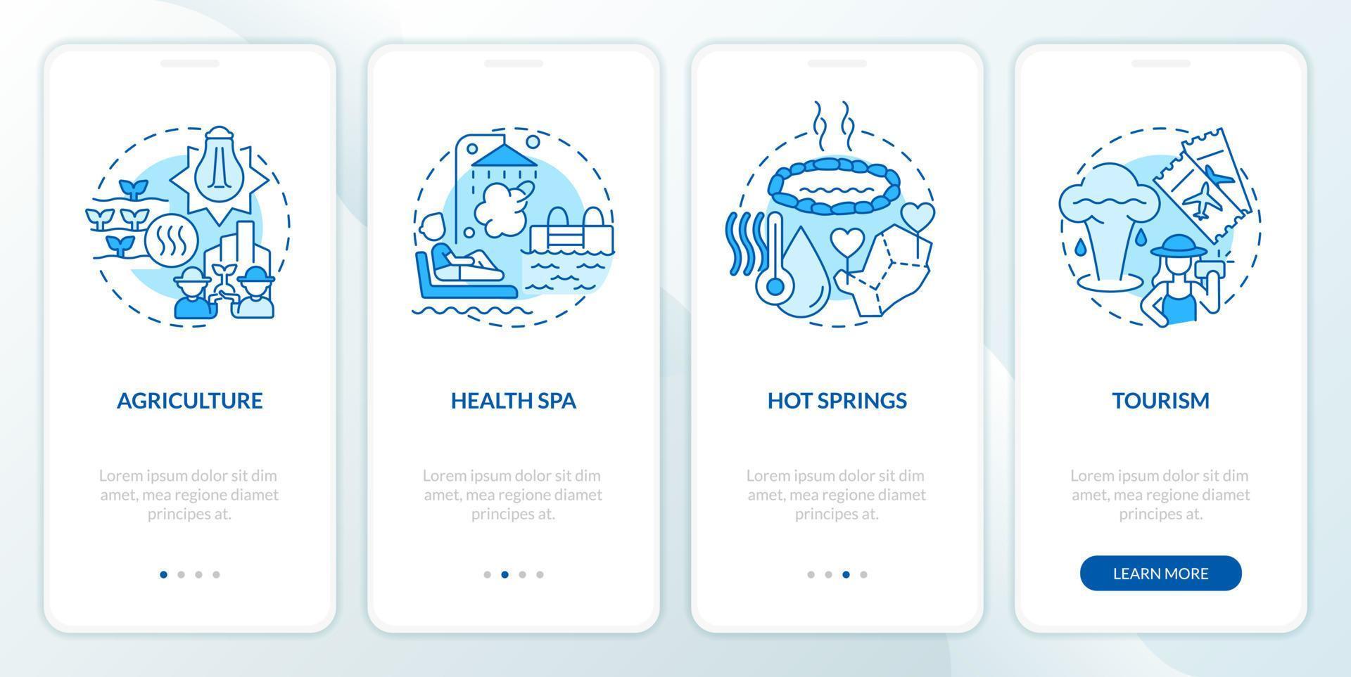Usage of geothermal energy blue onboarding mobile app screen. Walkthrough 4 steps editable graphic instructions with linear concepts. UI, UX, GUI template vector
