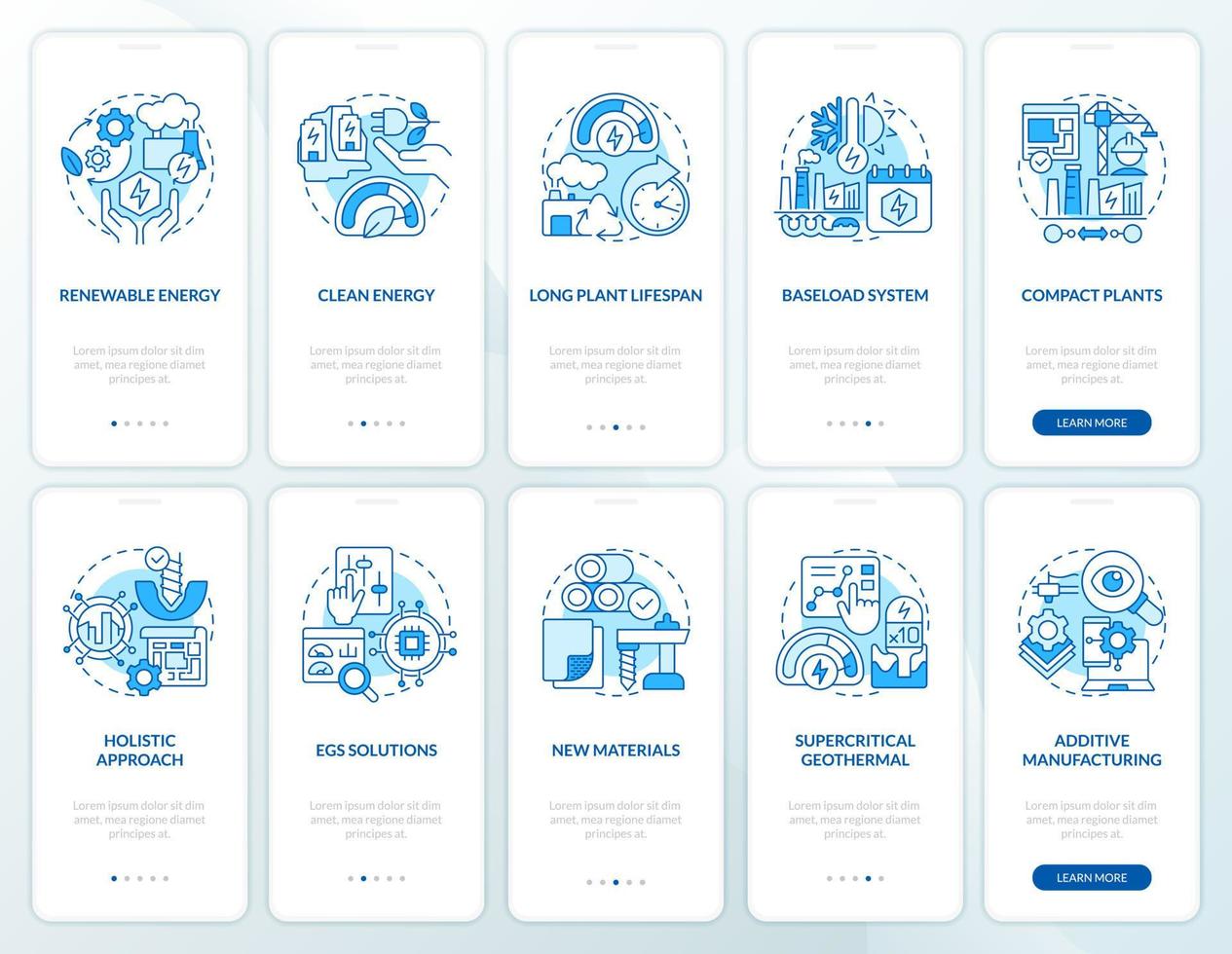 Geothermal power blue onboarding mobile app screen set. Advantages walkthrough 5 steps editable graphic instructions with linear concepts. UI, UX, GUI template vector