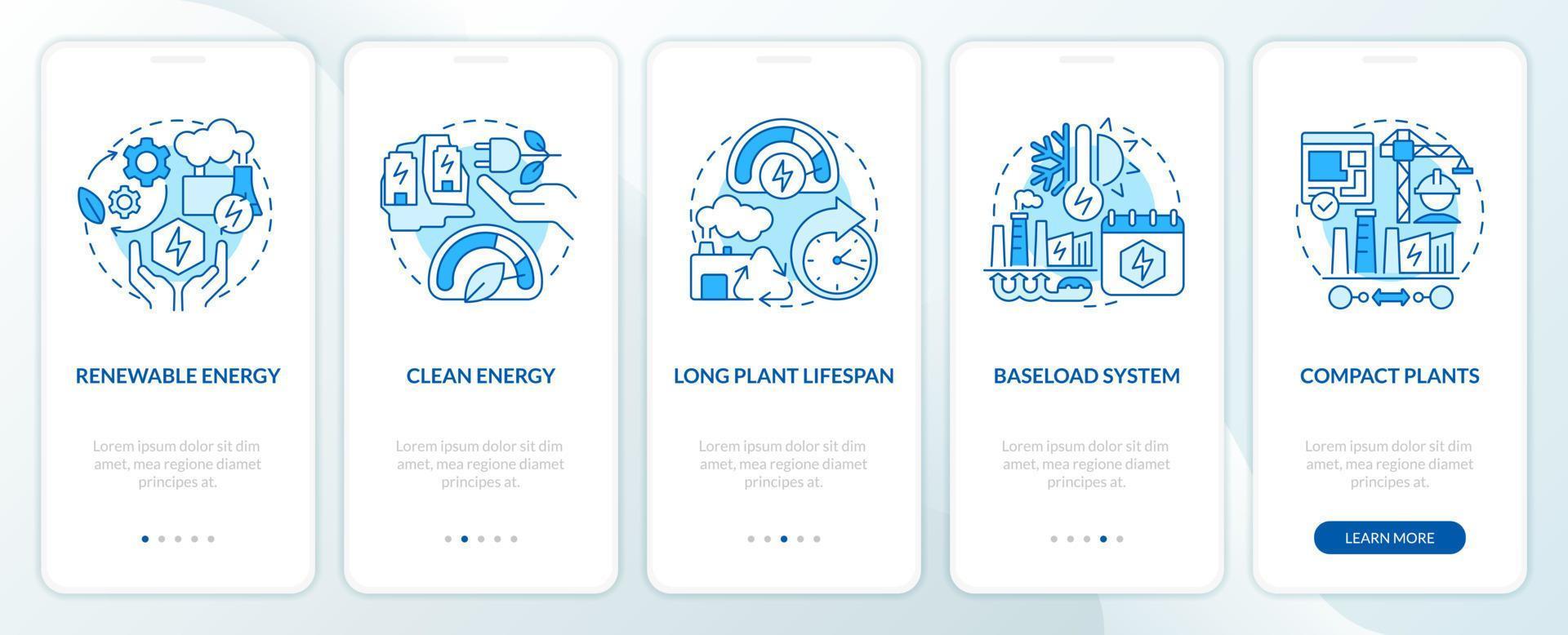 Using geothermal energy advantages blue onboarding mobile app screen. Walkthrough 5 steps editable graphic instructions with linear concepts. UI, UX, GUI template vector