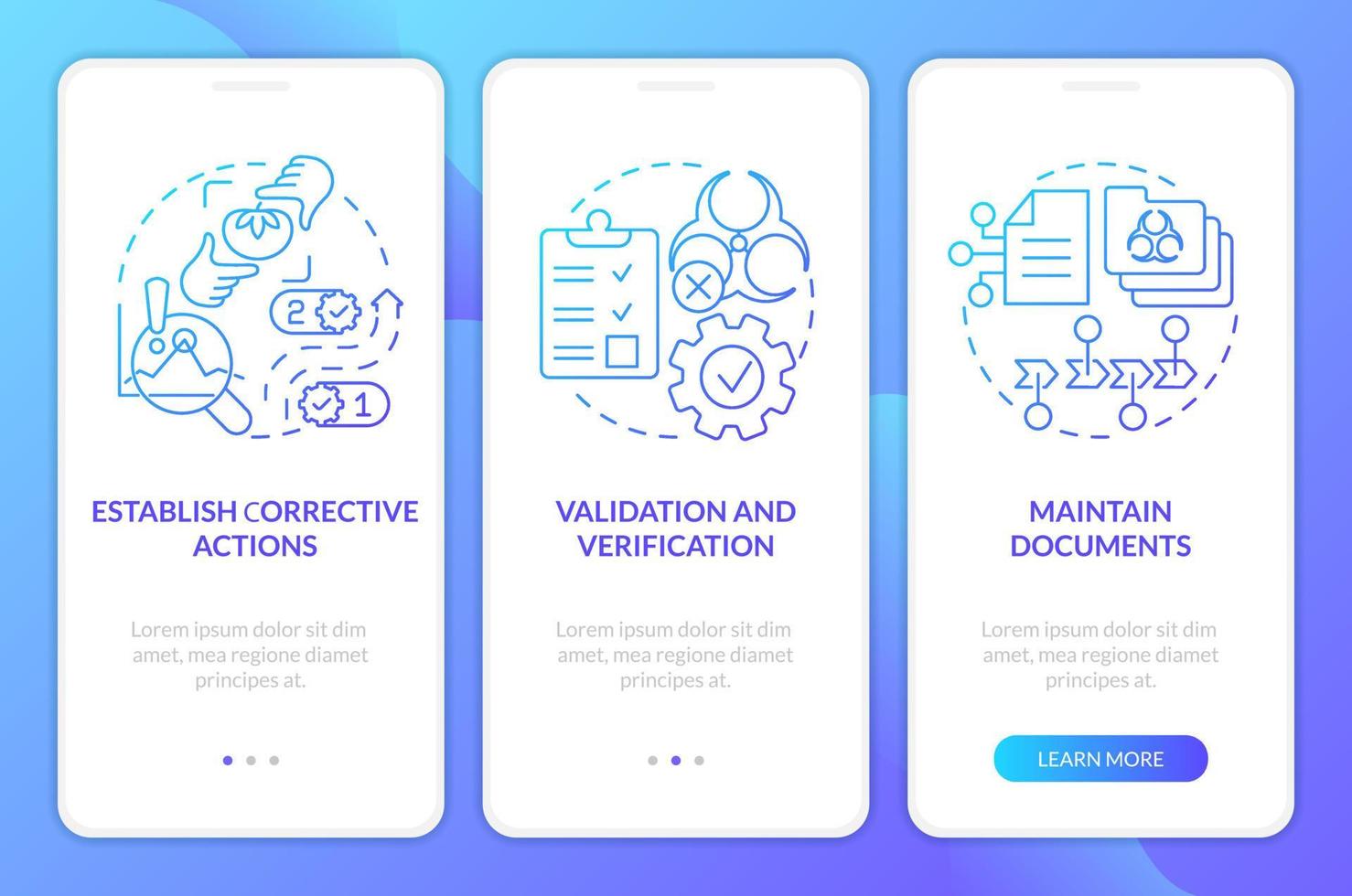 Principles of HACCP blue gradient onboarding mobile app screen. Food control walkthrough 3 steps graphic instructions with linear concepts. UI, UX, GUI template vector