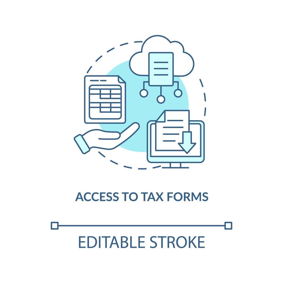 Access to tax forms turquoise concept icon. Payroll management software benefit abstract idea thin line illustration. Isolated outline drawing. Editable stroke vector
