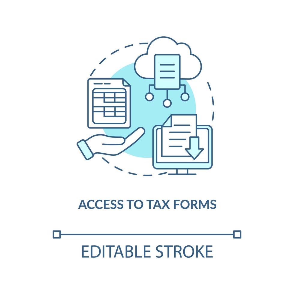 acceso a impuesto formas turquesa concepto icono. nómina de sueldos administración software beneficio resumen idea Delgado línea ilustración. aislado contorno dibujo. editable carrera vector