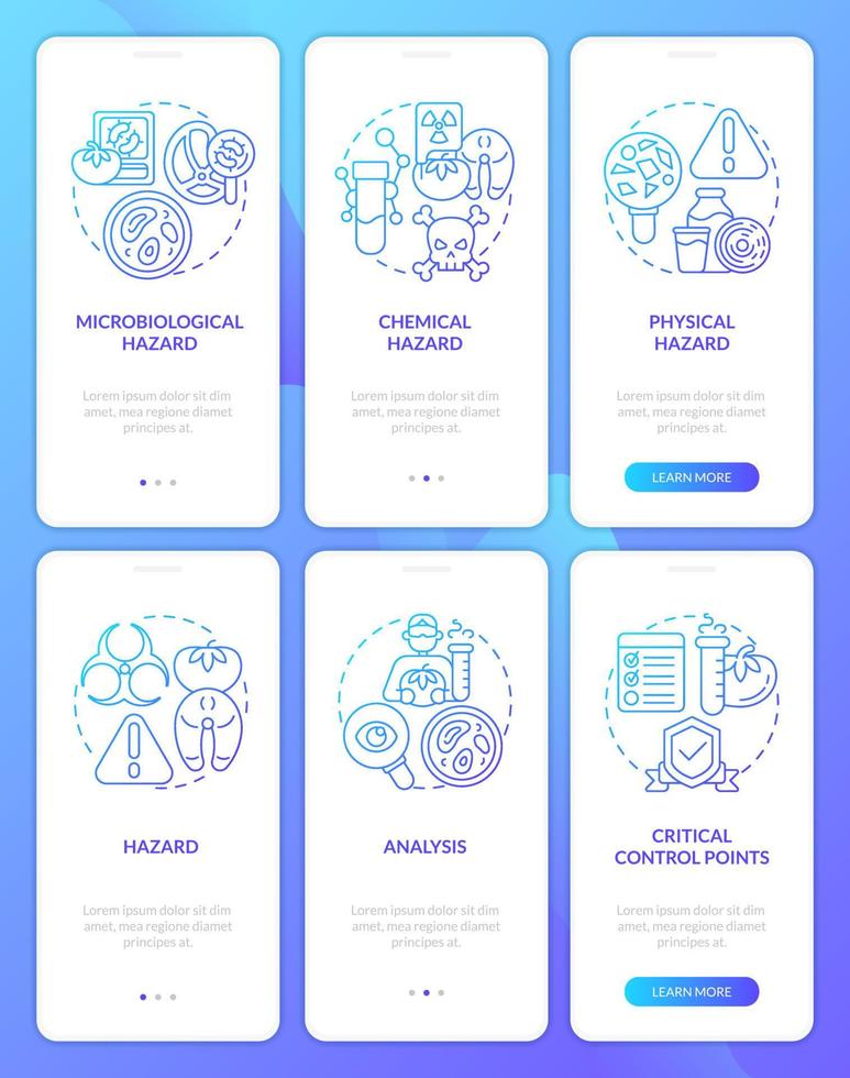 Food safety hazards and HACCP blue gradient onboarding mobile app screens set. Walkthrough 3 steps graphic instructions with linear concepts. UI, UX, GUI template vector