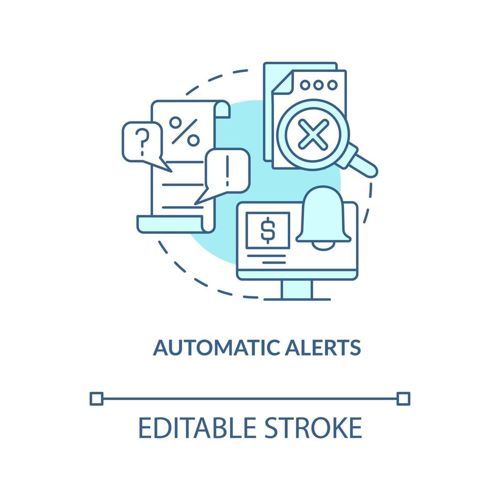 Automatic alerts turquoise concept icon. Payroll processing software benefit abstract idea thin line illustration. Isolated outline drawing. Editable stroke vector