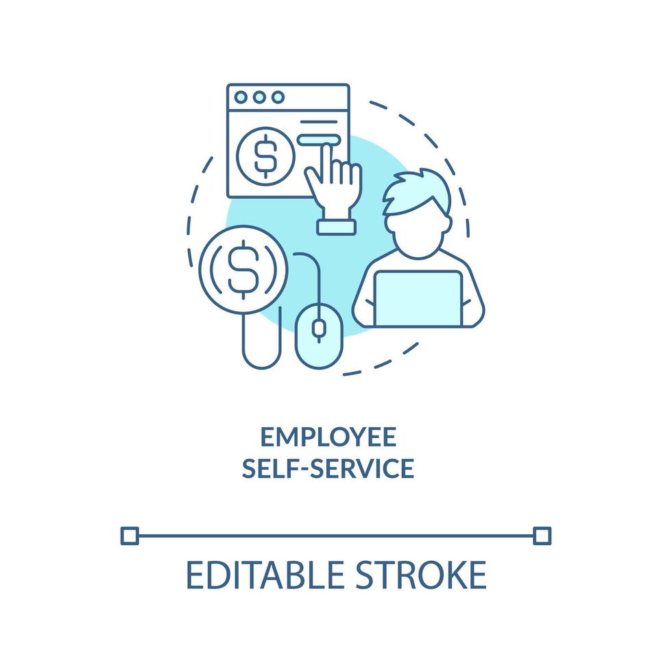 Employee self service turquoise concept icon. Payroll processing software advantage abstract idea thin line illustration. Isolated outline drawing. Editable stroke vector