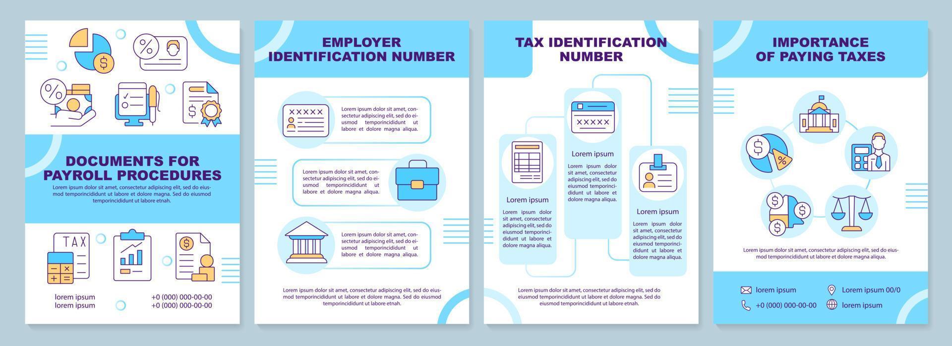Documents for payroll procedures blue brochure template. Leaflet design with linear icons. Editable 4 vector layouts for presentation, annual reports