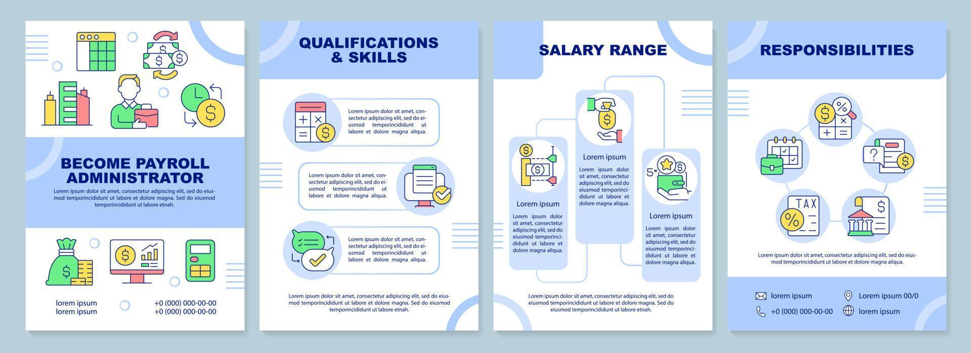 Become payroll administrator blue brochure template. Leaflet design with linear icons. Editable 4 vector layouts for presentation, annual reports