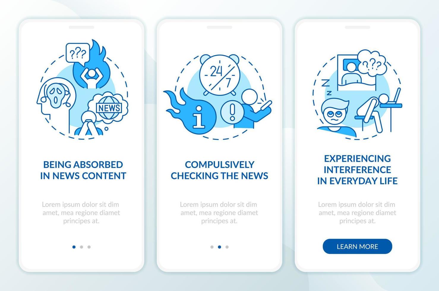 Negative effects of digital media blue onboarding mobile app screen. Walkthrough 3 steps editable graphic instructions with linear concepts. UI, UX, GUI template vector