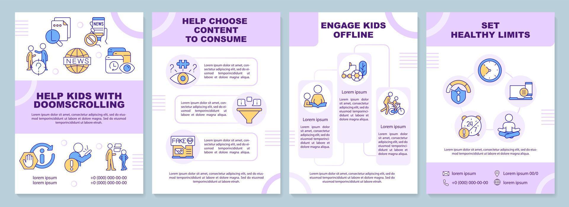 Stop doomscrolling tips for parents brochure template. Leaflet design with linear icons. Editable 4 vector layouts for presentation, annual reports