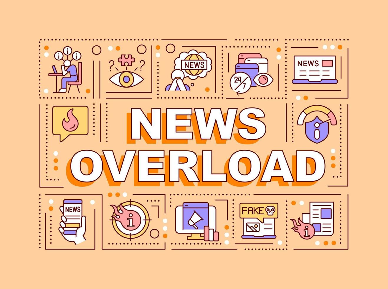 News overload word concepts orange banner. Information consumption. Infographics with editable icons on color background. Isolated typography. Vector illustration with text