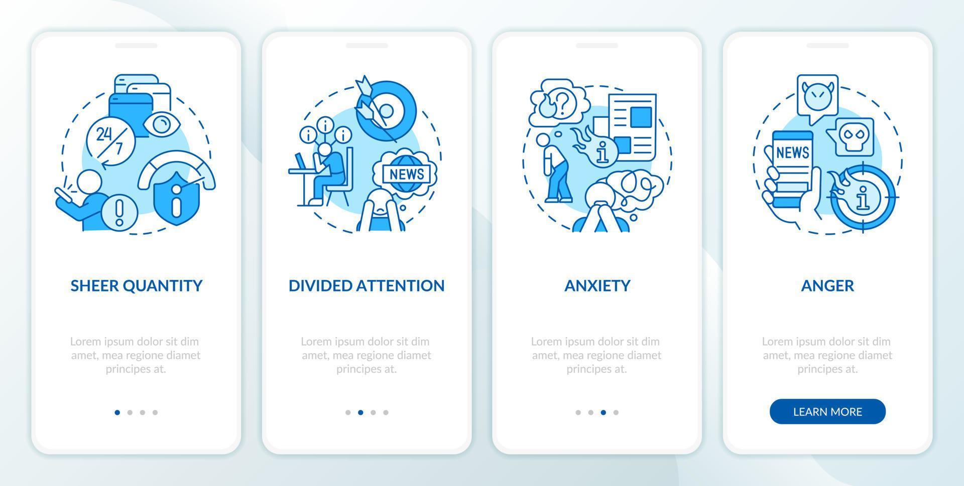 obsesivamente leyendo Noticias problema azul inducción móvil aplicación pantalla. recorrido 4 4 pasos editable gráfico instrucciones con lineal conceptos. ui, ux, gui modelo vector