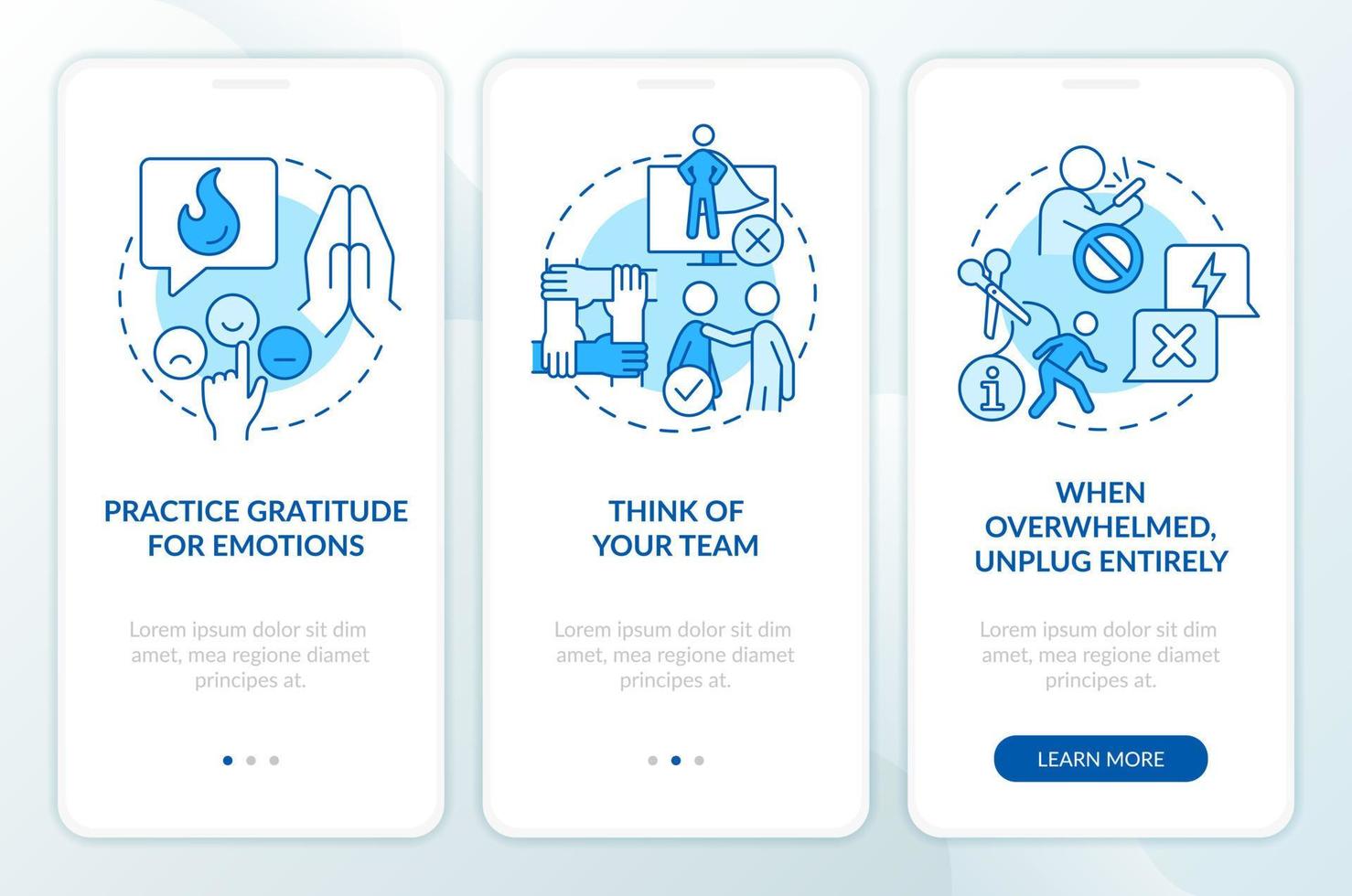 Stop stressing about news blue onboarding mobile app screen. Walkthrough 3 steps editable graphic instructions with linear concepts. UI, UX, GUI template vector
