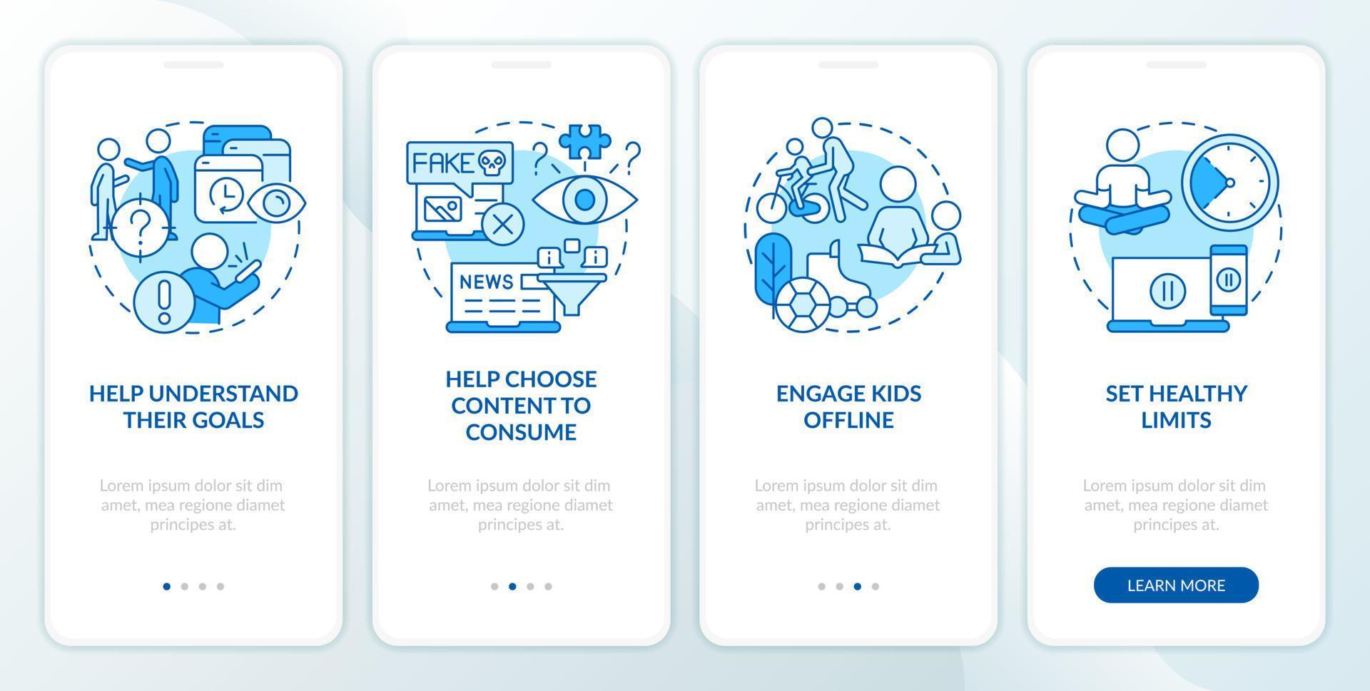 Stop doomsurfing tip for parents blue onboarding mobile app screen. Walkthrough 4 steps editable graphic instructions with linear concepts. UI, UX, GUI template vector