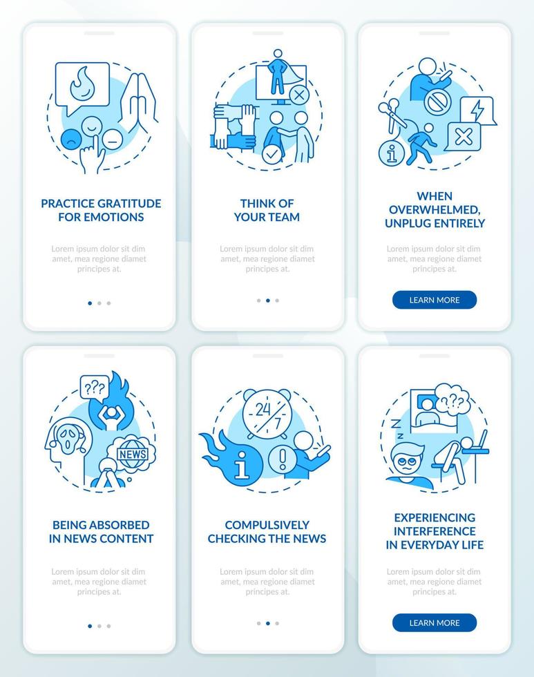 medios de comunicación fatiga azul inducción móvil aplicación pantalla colocar. infoxicación recorrido 3 pasos editable gráfico instrucciones con lineal conceptos. ui, ux, gui modelo vector