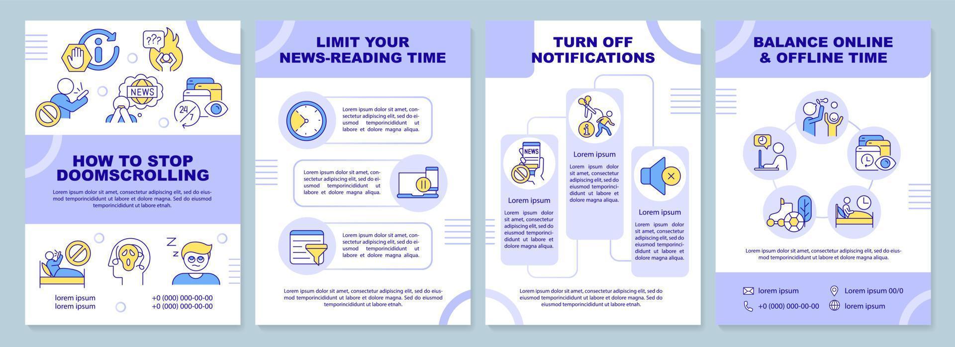 How to stop doomscrolling brochure template. News overload. Leaflet design with linear icons. Editable 4 vector layouts for presentation, annual reports