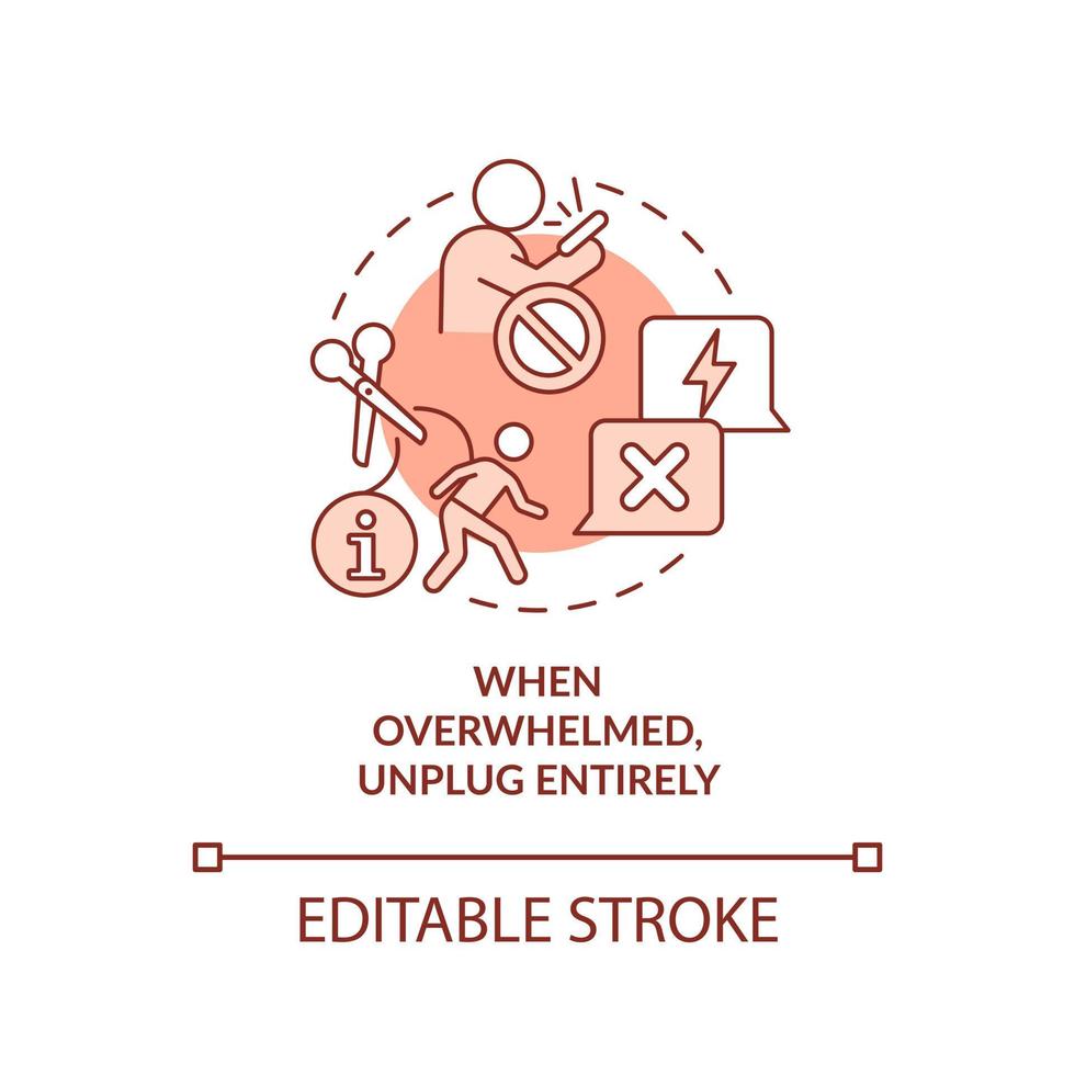 Unplug when feeling overwhelmed red concept icon. Calm content anxiety abstract idea thin line illustration. Isolated outline drawing. Editable stroke vector