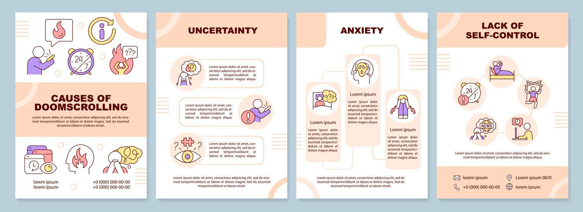 Causes of doomscrolling brochure template. News overload. Leaflet design with linear icons. Editable 4 vector layouts for presentation, annual reports