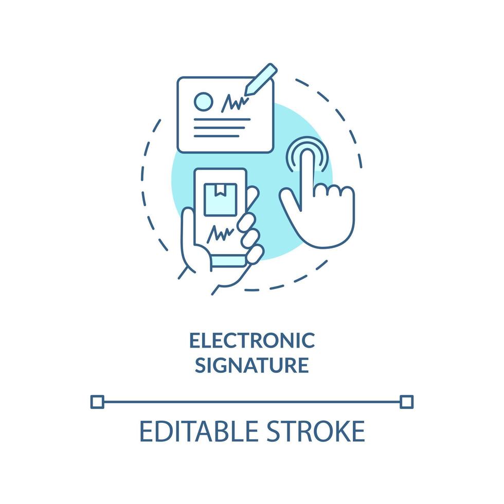 electrónico firma turquesa concepto icono. digitalmente firmar a recibir paquete o empaquetar resumen idea Delgado línea ilustración. aislado contorno dibujo. editable carrera vector