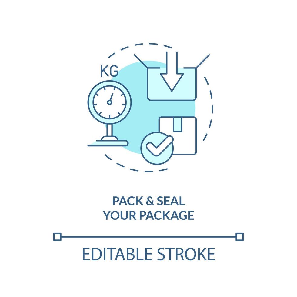 Pack and seal your package turquoise concept icon. Parcel requirements abstract idea thin line illustration. Isolated outline drawing. Editable stroke vector