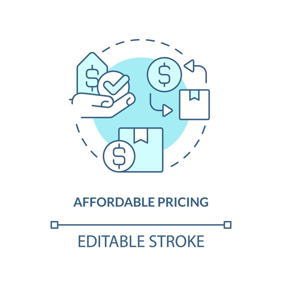 Affordable pricing turquoise concept icon. Cheap postal services Inexpensive shipping abstract idea thin line illustration. Isolated outline drawing. Editable stroke vector