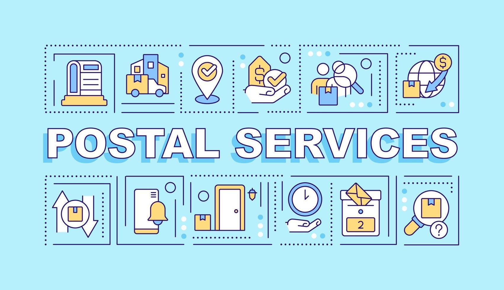 Postal services word concepts turquoise banner. Shipping company. Infographics with editable icons on color background. Isolated typography. Vector illustration with text