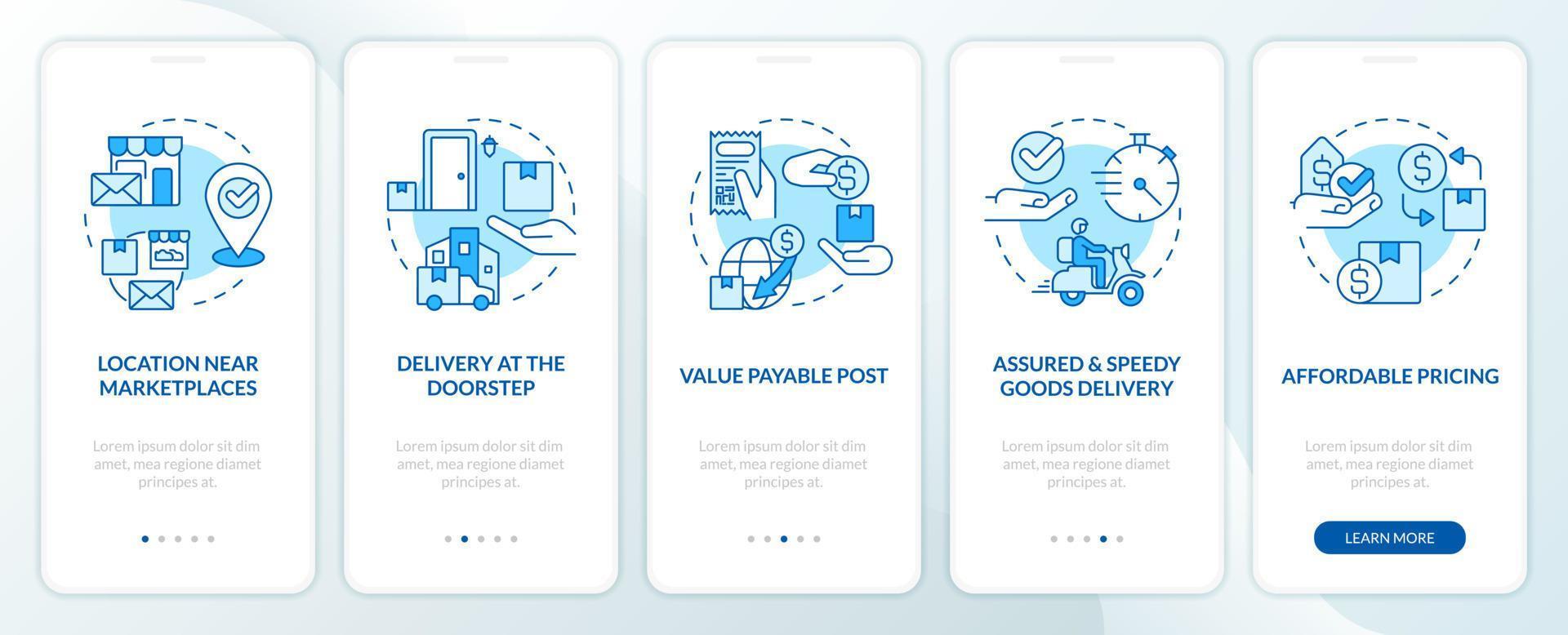 Postal service advantages blue onboarding mobile app screen. Walkthrough 5 steps editable graphic instructions with linear concepts. UI, UX, GUI template vector