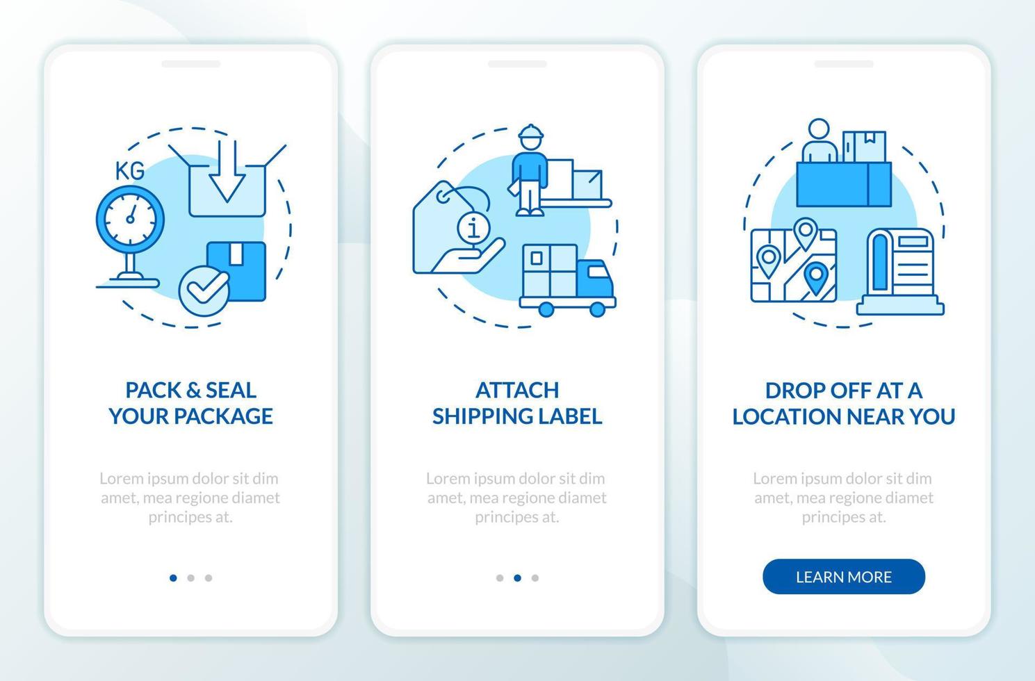 Shipping package tips blue onboarding mobile app screen. Walkthrough 3 steps editable graphic instructions with linear concepts. UI, UX, GUI template vector