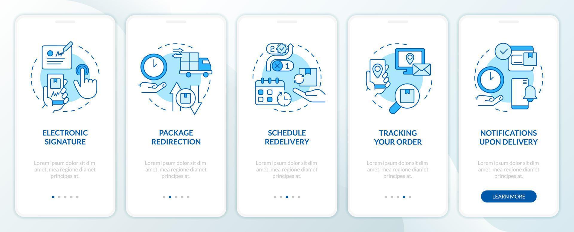 Shipping company services blue onboarding mobile app screen. Walkthrough 5 steps editable graphic instructions with linear concepts. UI, UX, GUI template vector