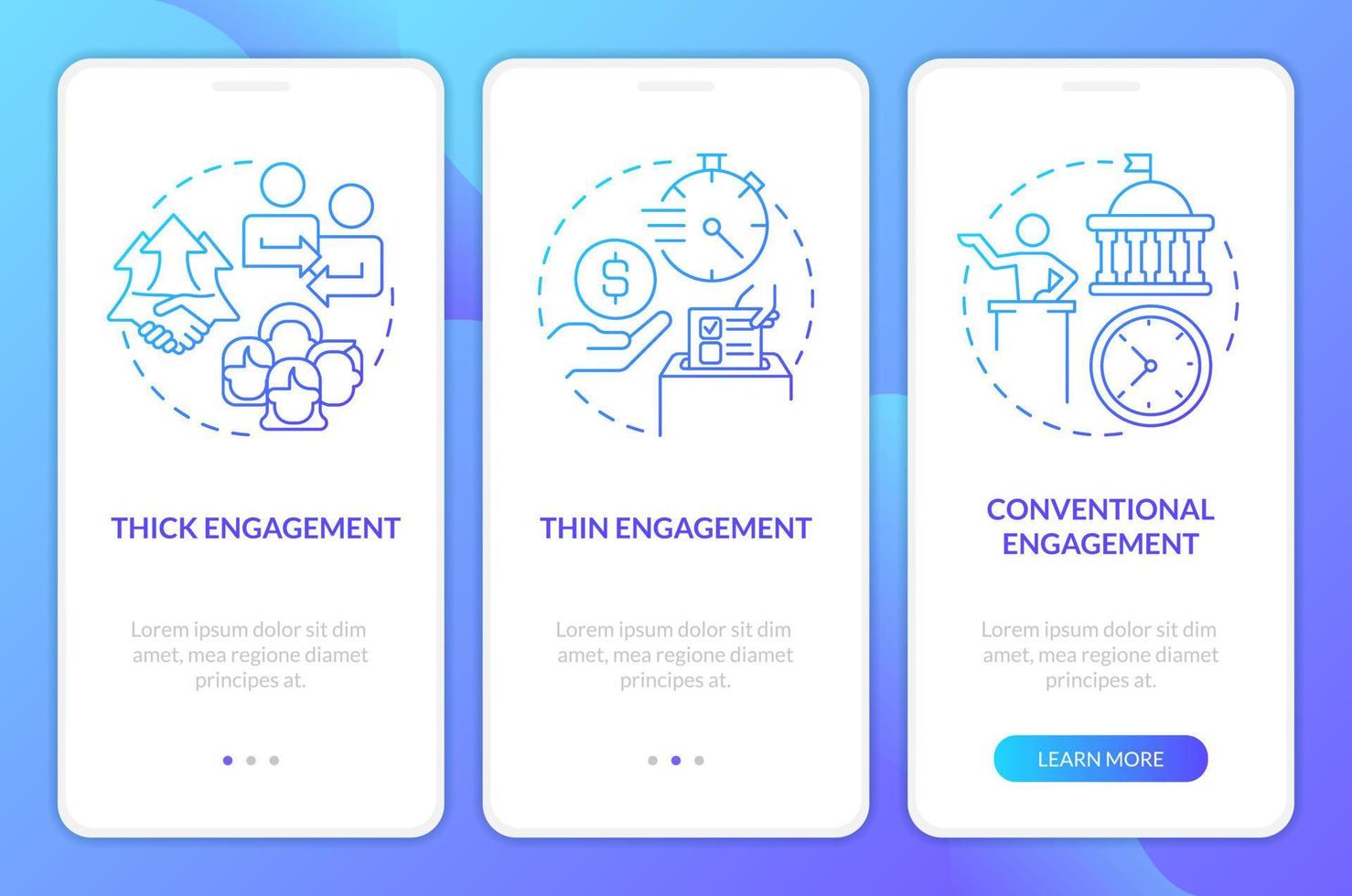 Types of social involvement blue gradient onboarding mobile app screen. Walkthrough 3 steps graphic instructions with linear concepts. UI, UX, GUI template vector