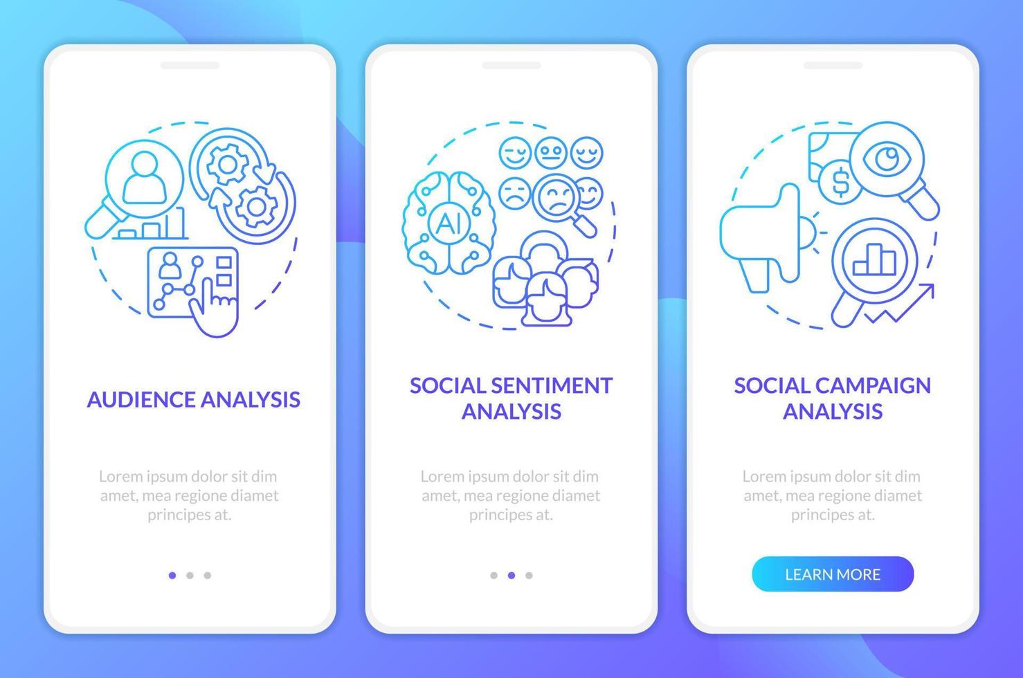 Digital marketing analytics layers blue gradient onboarding mobile app screen. Walkthrough 3 steps graphic instructions with linear concepts. UI, UX, GUI template vector