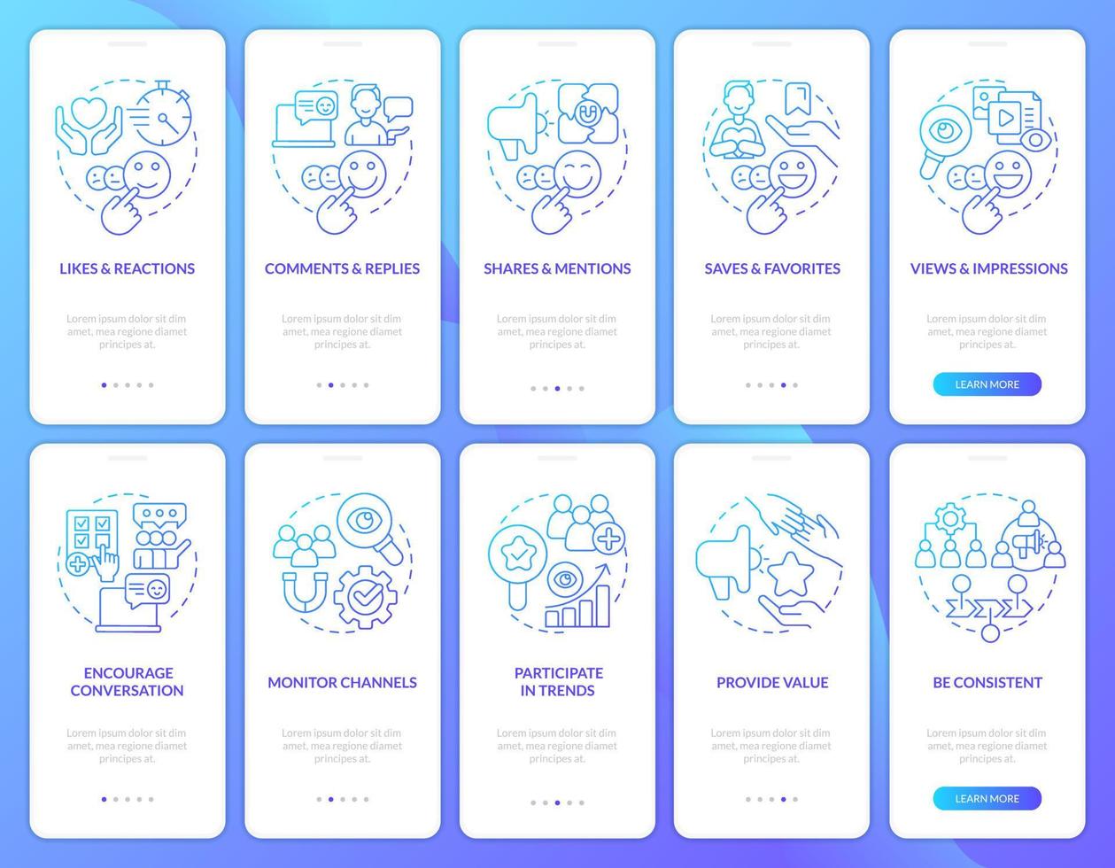 social medios de comunicación intervención azul degradado inducción móvil aplicación pantalla colocar. recorrido 5 5 pasos gráfico instrucciones con lineal conceptos. ui, ux, gui modelo vector